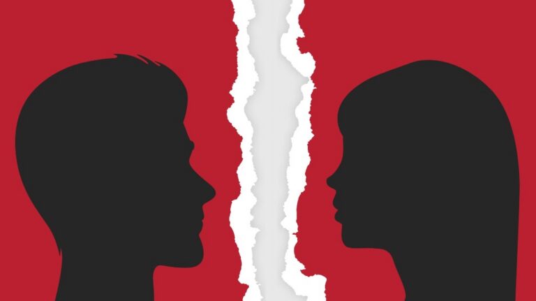Silhouettes of a man and woman facing each other separated by torn white paper on red background.