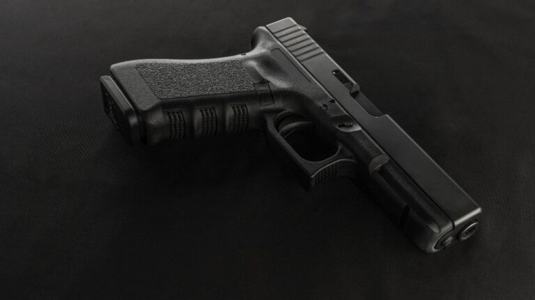 Black semi-automatic handgun resting on a dark textured surface.