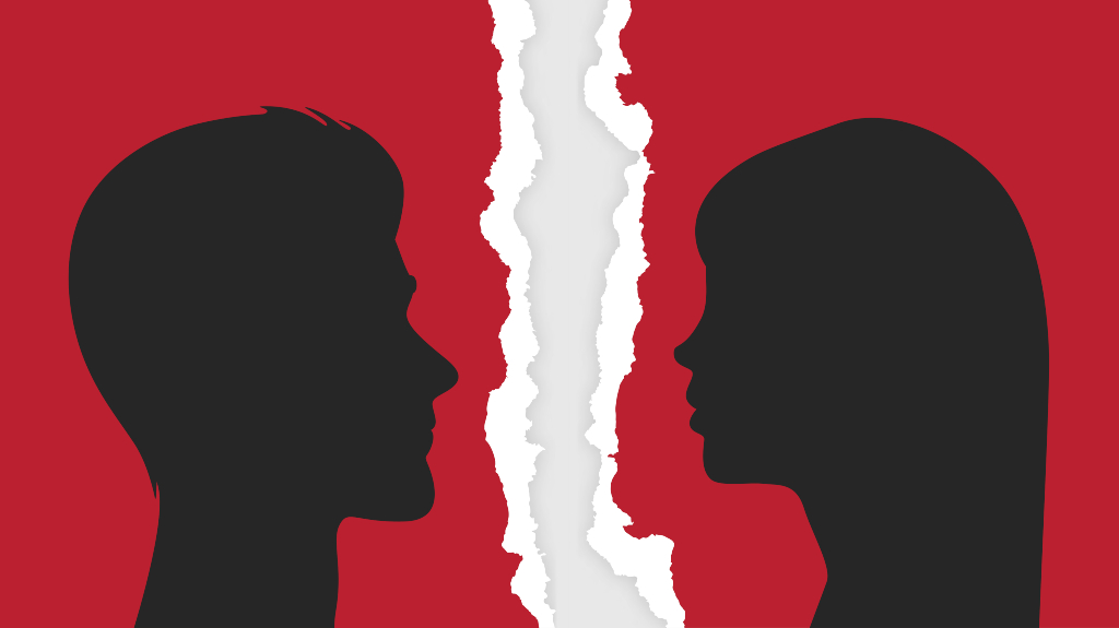 silhouette of a man and woman with a tear line in the middle