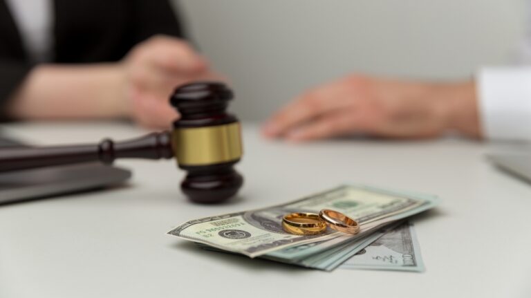 Close-up of two gold wedding rings on US dollar bills with a wooden judge's gavel in background.