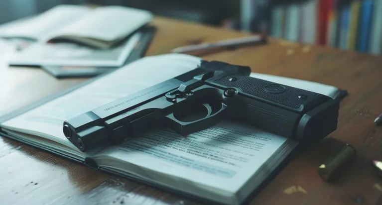 Black semi-automatic handgun resting on an open book on a wooden table.