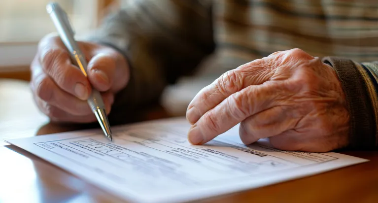 Close-up of elderly hands filling out a form with a silver pen on a wooden table.