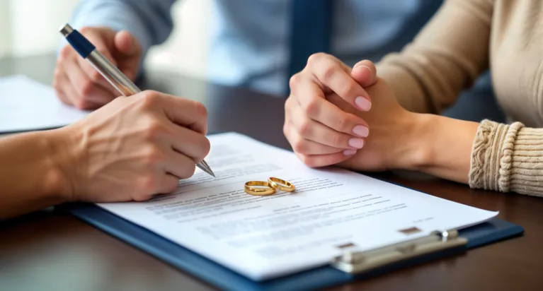 Two gold wedding rings on a contract being signed by a person, with a couple seated nearby.