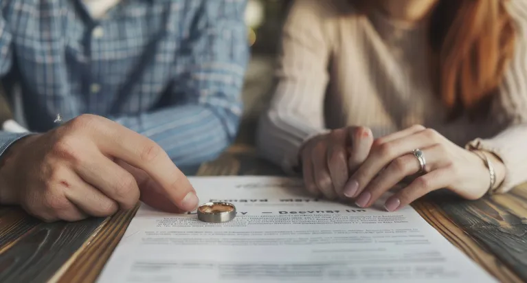 Two people sitting at a table with a divorce decree and a wedding ring placed on the document.